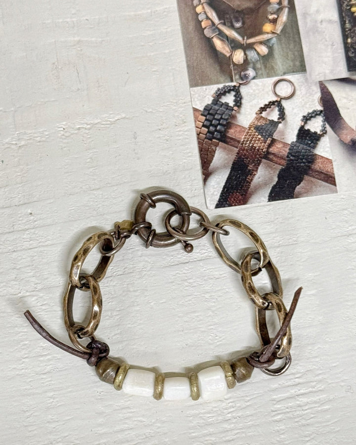 Bone beads with large hammered links bracelet by US designer Debe Dohrer - La Casa by Importante