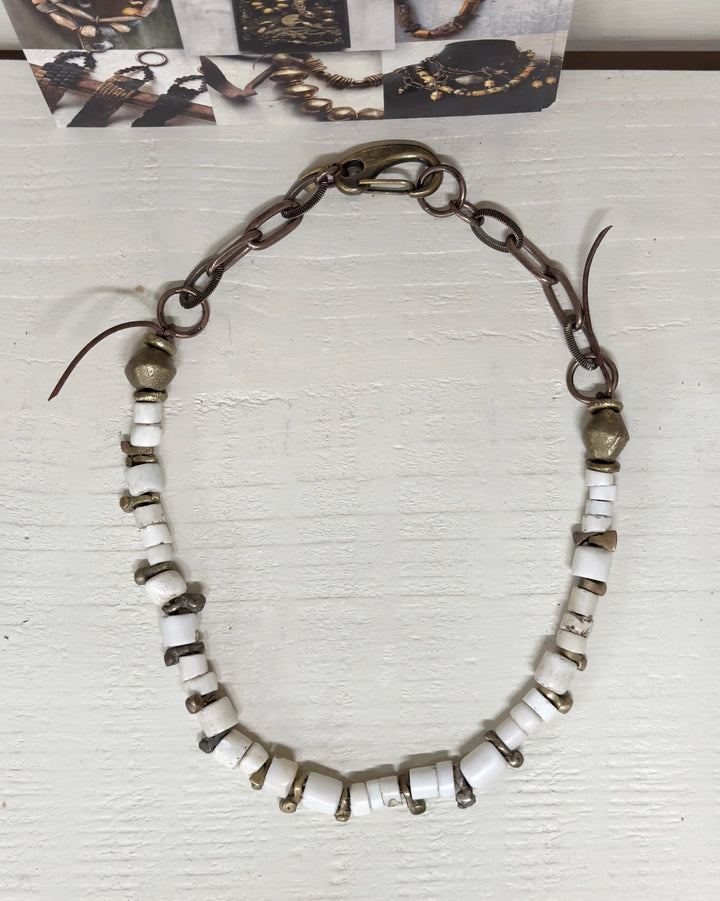 Old bone chips with fulani brass bug beads necklace by US designer Debe Dohrer - La Casa by Importante