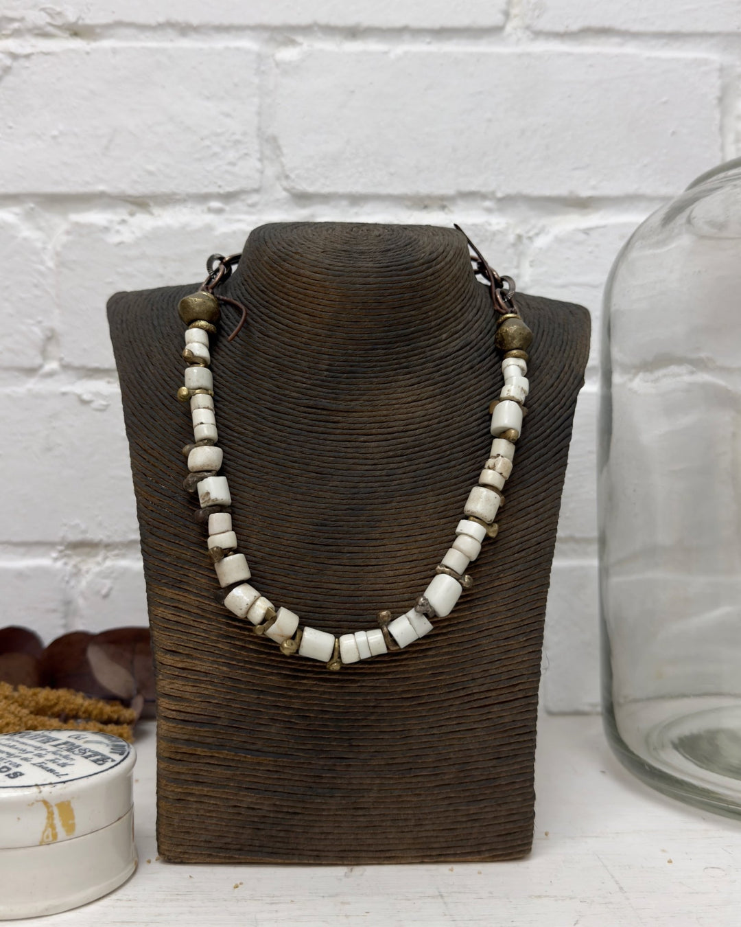 Old bone chips with fulani brass bug beads necklace by US designer Debe Dohrer - La Casa by Importante