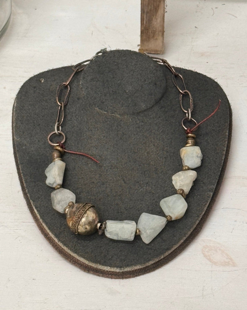 Raw aquamarine stones with African silver and brass bead necklace by US designer Debe Dohrer - La Casa by Importante