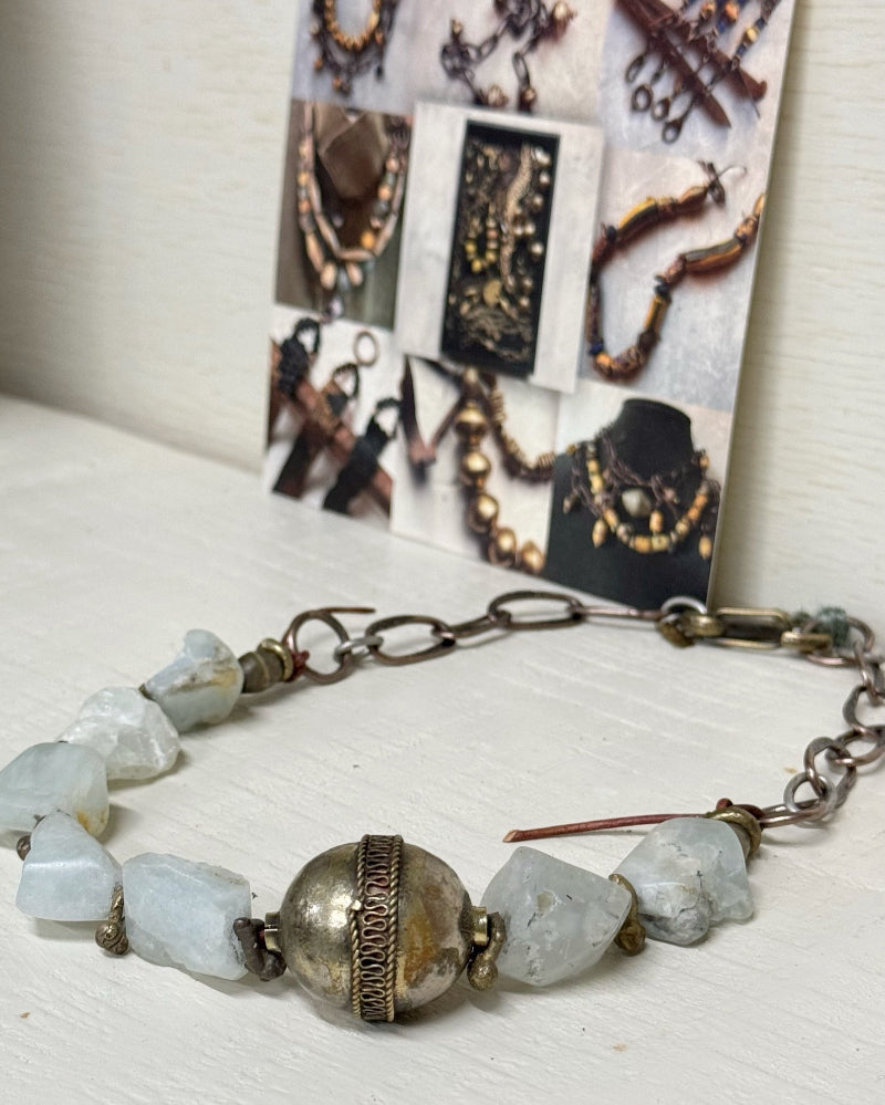 Raw aquamarine stones with African silver and brass bead necklace by US designer Debe Dohrer - La Casa by Importante