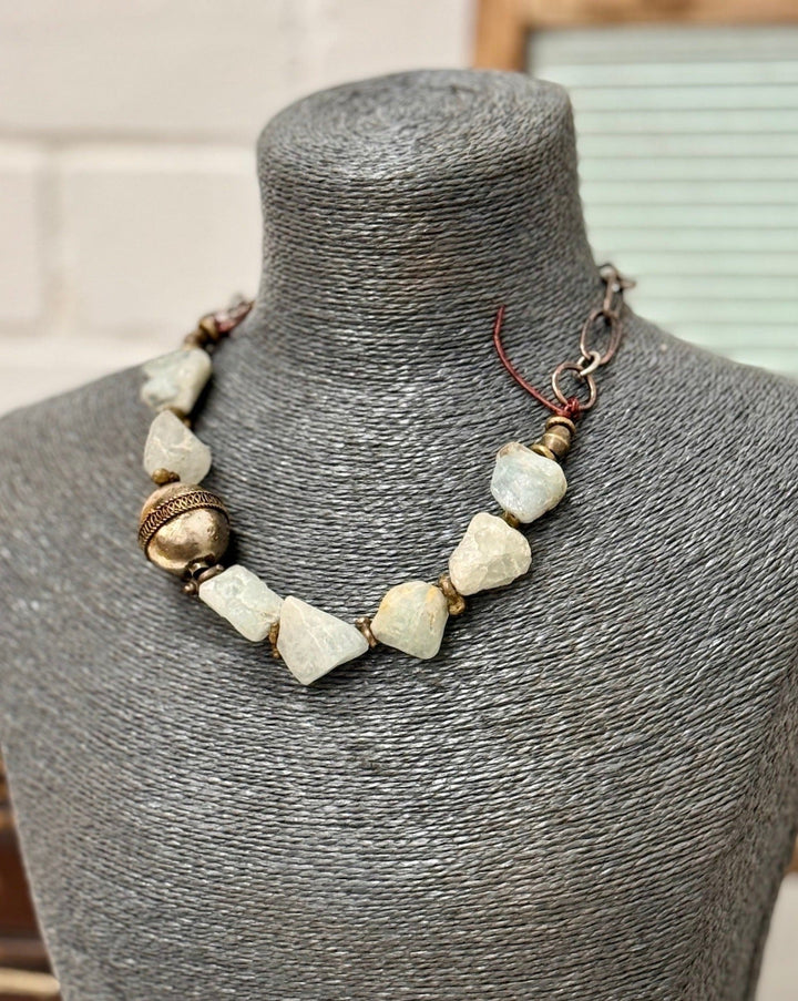 Raw aquamarine stones with African silver and brass bead necklace by US designer Debe Dohrer - La Casa by Importante