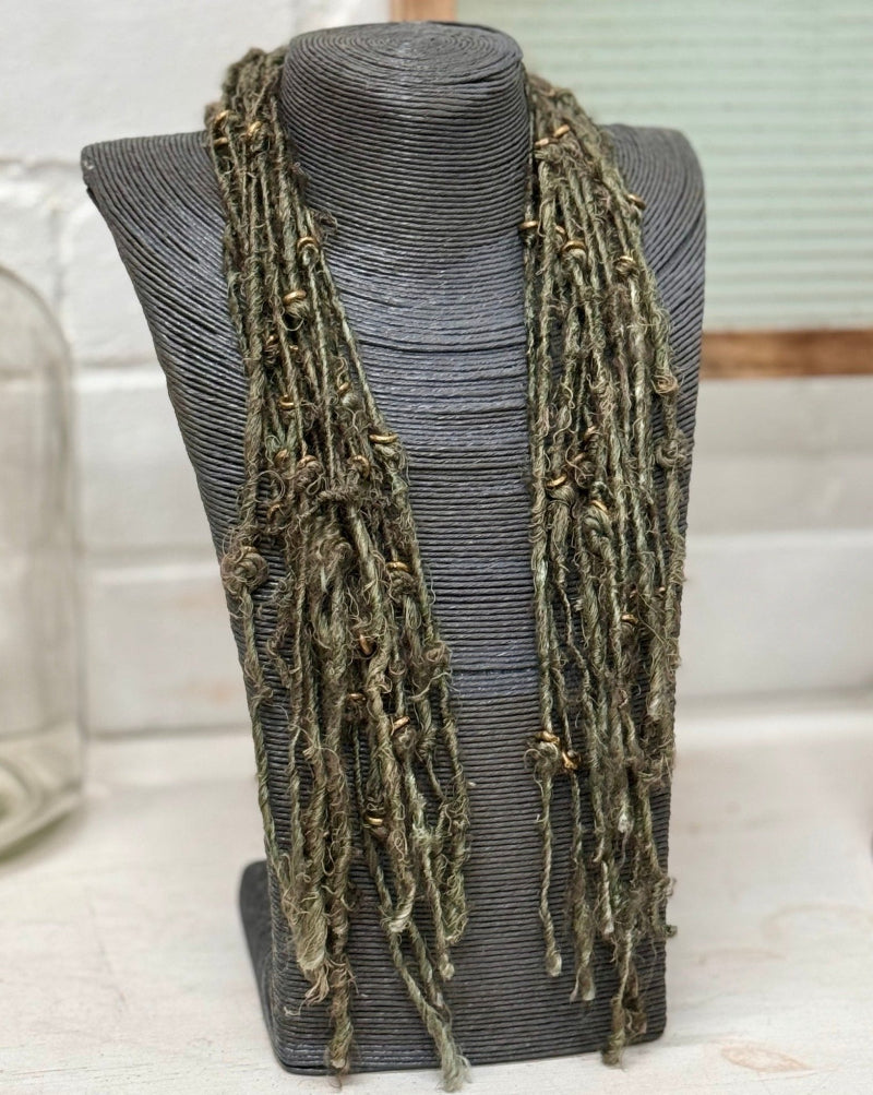 Silk and brass beads necklace scarf - Forest - La Casa by Importante