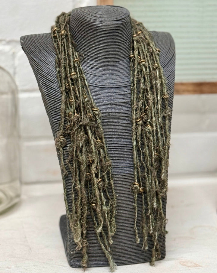 Silk and brass beads necklace scarf - Forest - La Casa by Importante