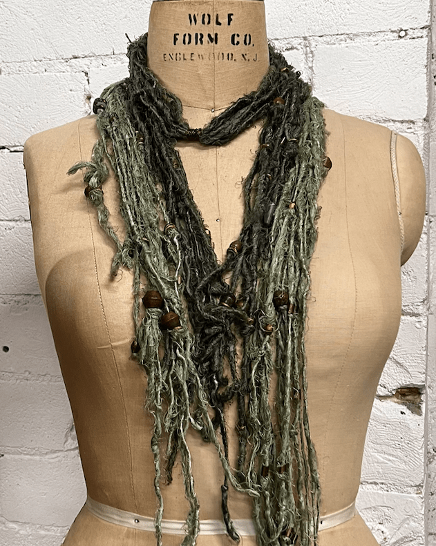 Silk and brass beads necklace scarf - Forest - La Casa by Importante